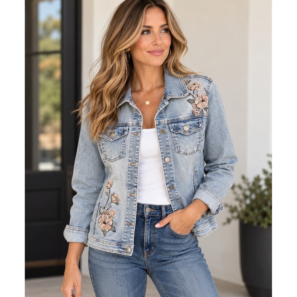 Chicos Floral Embroidered Light Wash Denim Jacket Stretch Size 1 M Boho